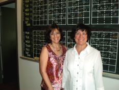 Production Head Claudia Howard and I in front of the Recorded Books session board. All recording sessions are listed by hour. Most narrators can read for an hour; some can do a two-hour session. More than two hours at a stretch is unusual--reading is hard on the voice!